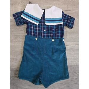 Vintage Monday's Child Corduroy Green Blue Flannel Romper White Collar Size 5